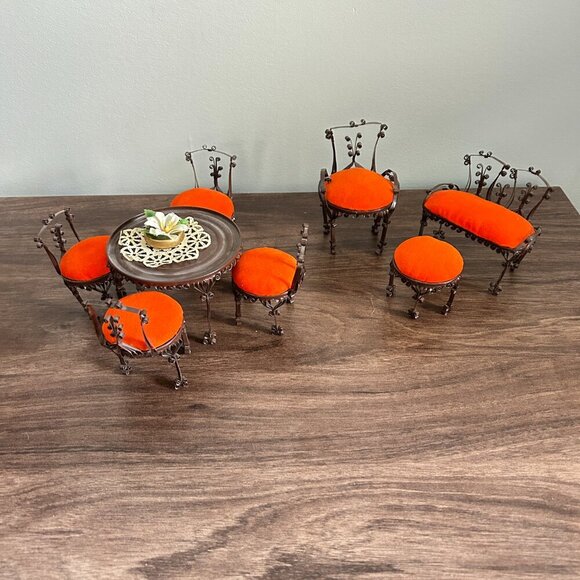 Lot of 8 Vintage Tin Can Scroll Tramp Art with Orange Stuffed Velvet Seats Table - Picture 2 of 6